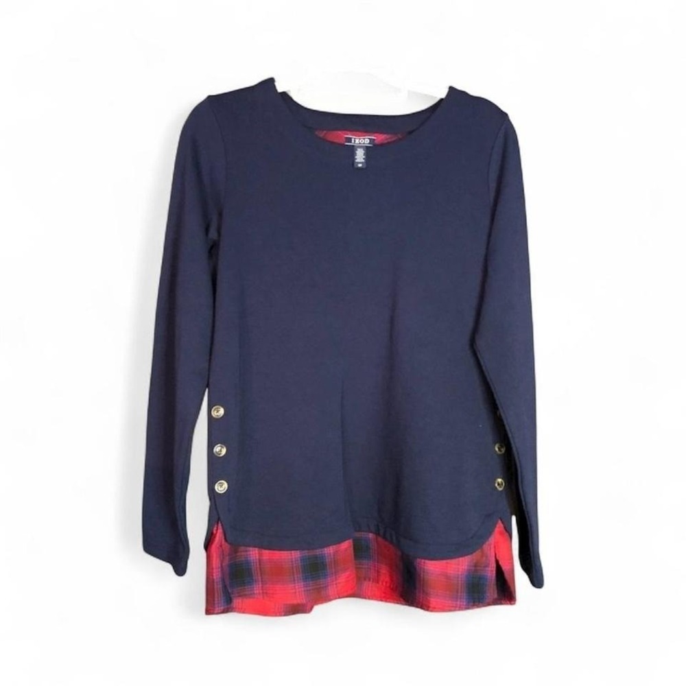 IZOD navy blue and red plaid long sleeve top with button details SZ M.